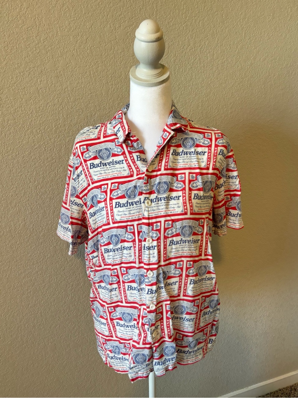 Budweiser White and Red Logo Print Short Sleeve Button-Down Shirt